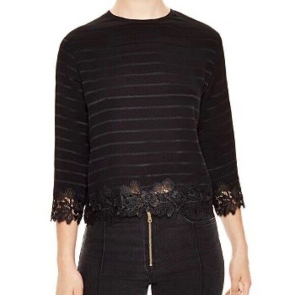 Sandro Anig Striped Lace-Detail Crop Top Black Blouse Womens Size 3/US Large